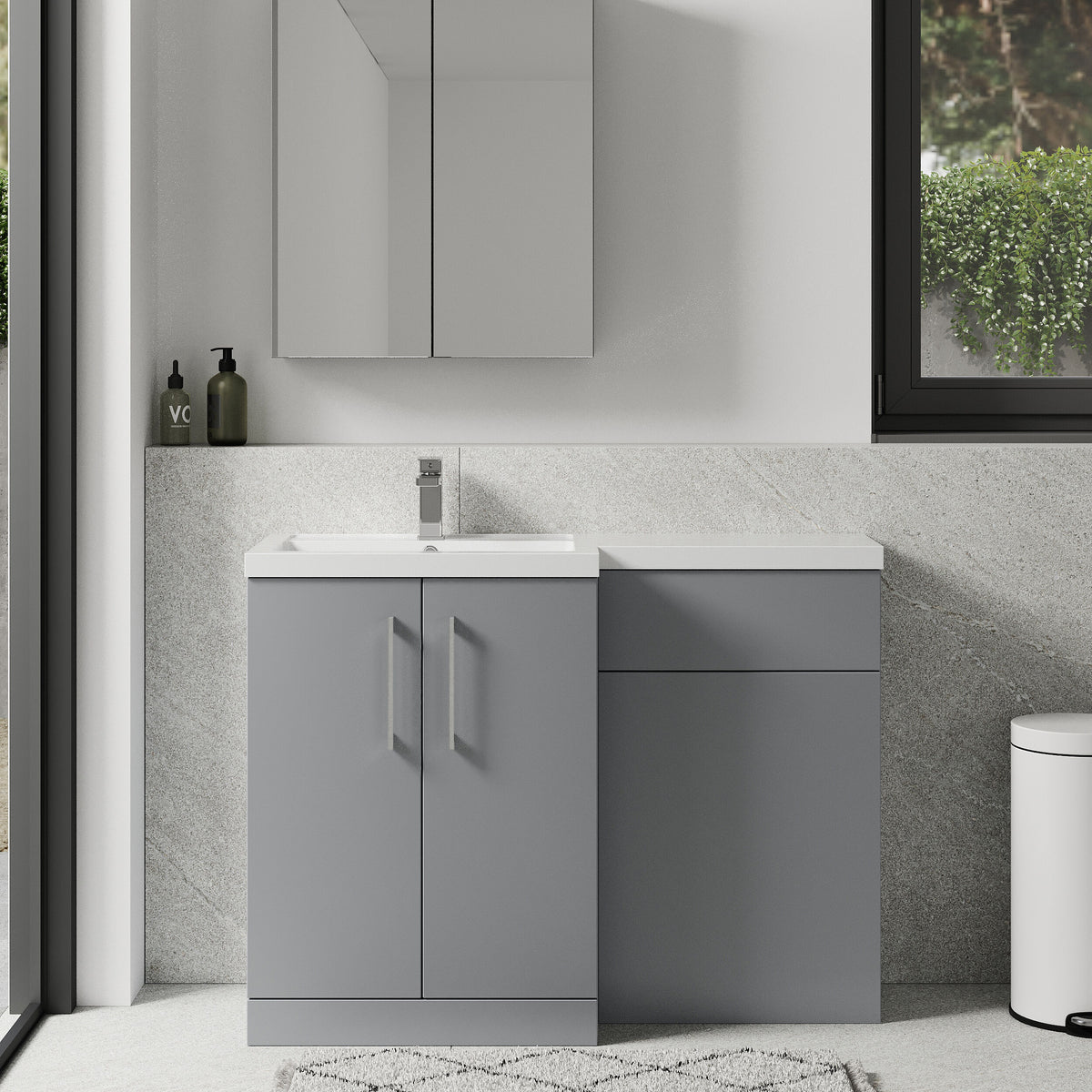 Modern Splash 1100mm Satin Grey 2 Door Floor Standing Left-Hand Combination Unit With Polymarble Basin