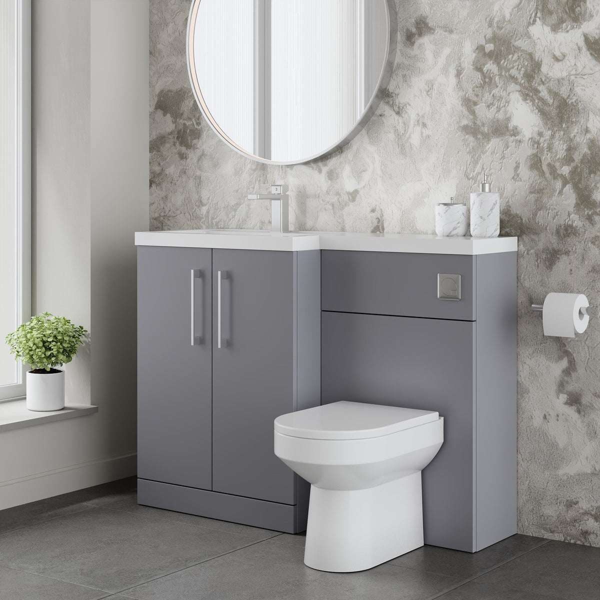 Modern Splash 1100mm Satin Grey 2 Door Floor Standing Left-Hand Combination Unit With Polymarble Basin