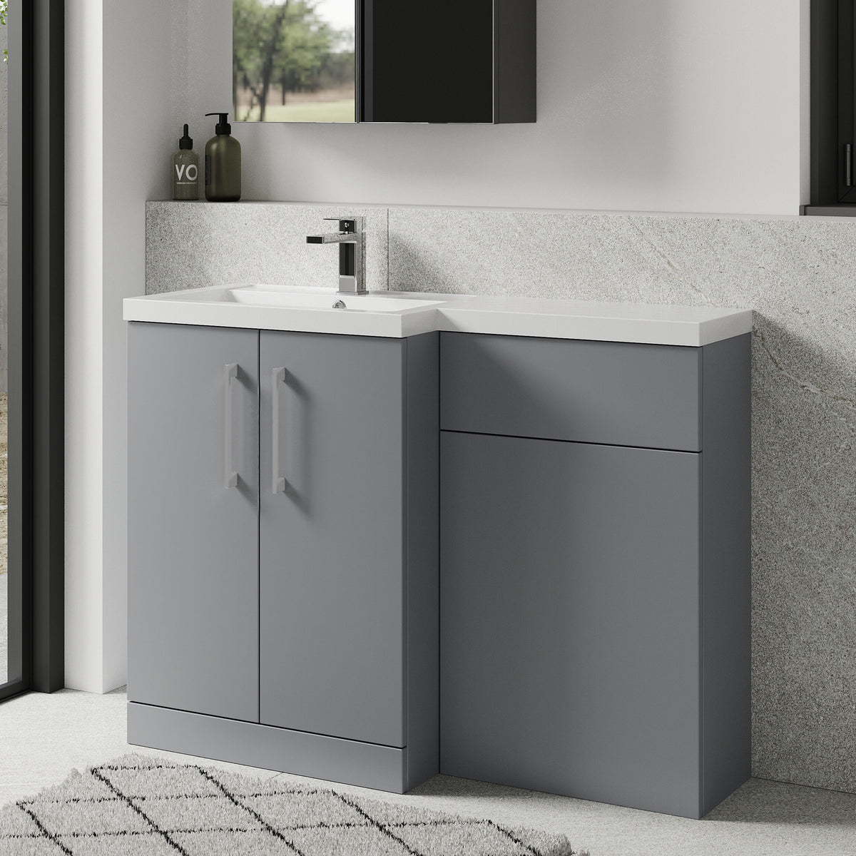 Modern Splash 1100mm Satin Grey 2 Door Floor Standing Left-Hand Combination Unit With Polymarble Basin