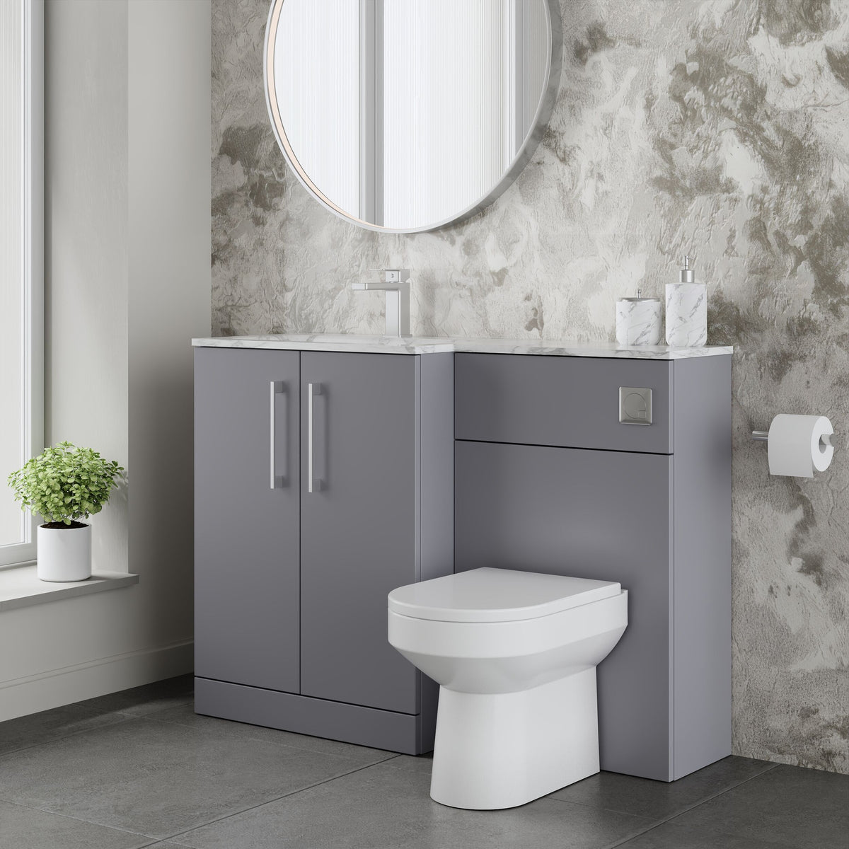 Modern Splash 1100mm Satin Grey 2 Door Floor Standing Left-Hand Combination Unit With Stone Basin