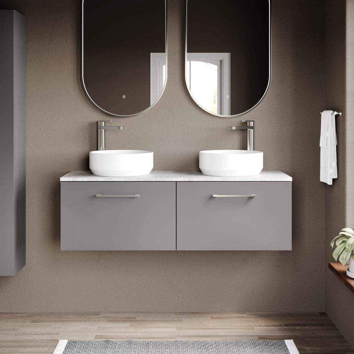 Modern Splash 1200mm Satin Grey 2 Drawer Wall Hung Vanity Unit With Bellato Grey Worktop