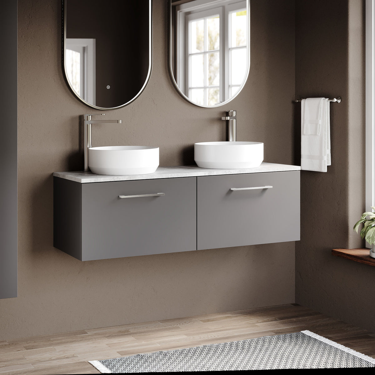 Modern Splash 1200mm Satin Grey 2 Drawer Wall Hung Vanity Unit With Bellato Grey Worktop