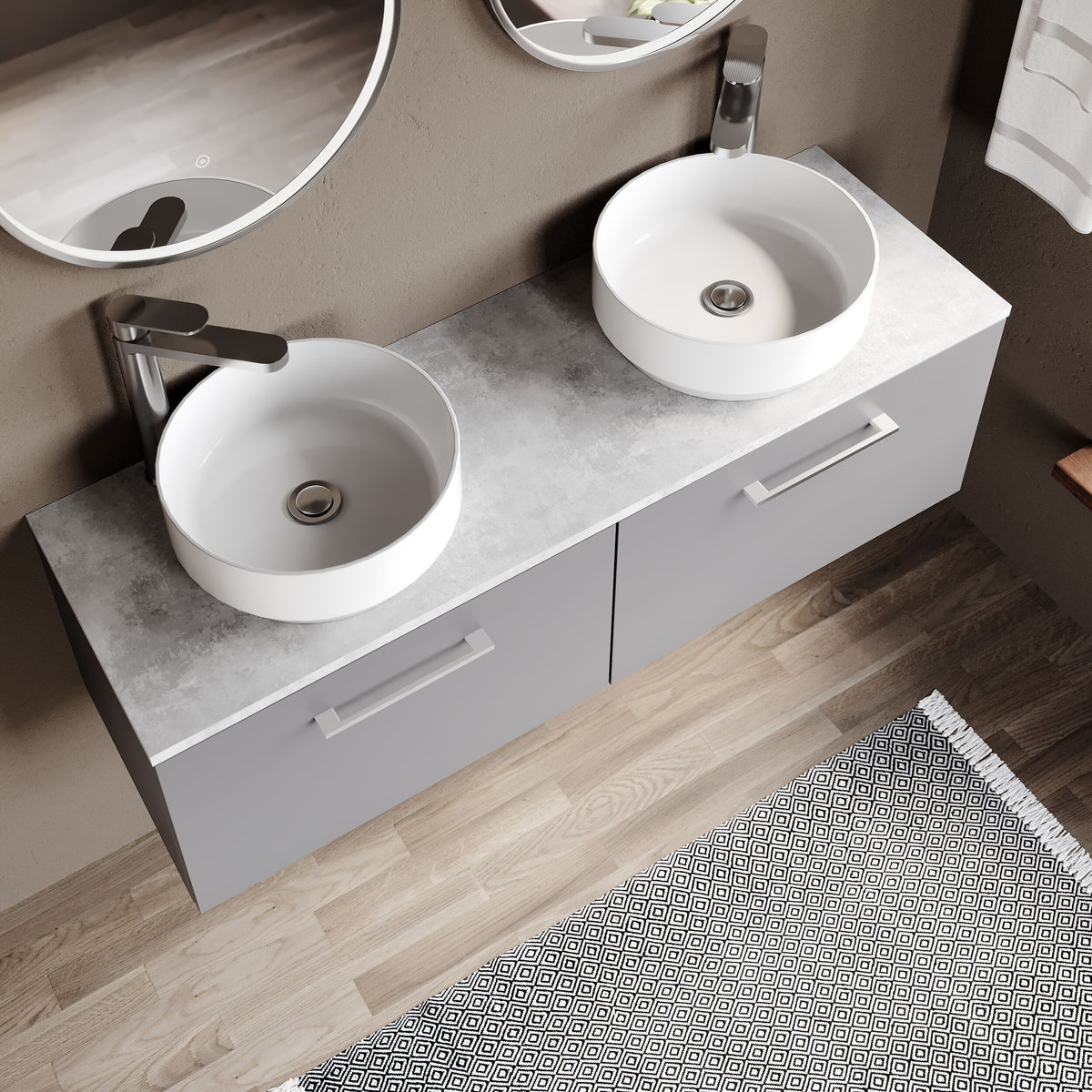 Modern Splash 1200mm Satin Grey 2 Drawer Wall Hung Vanity Unit With Bellato Grey Worktop