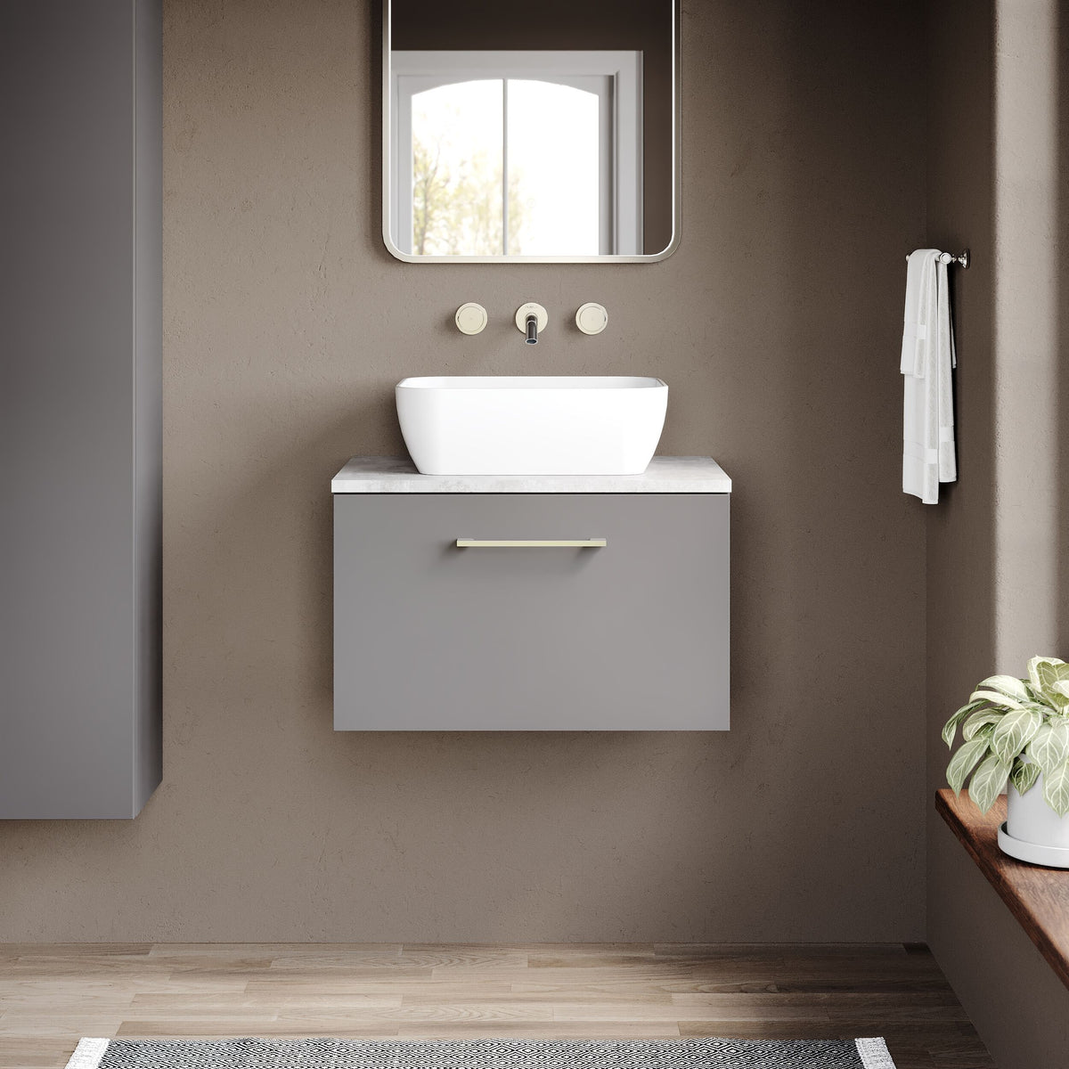 Modern Splash 600mm Satin Grey 1 Drawer Wall Hung Vanity Unit With Bellato Grey Worktop