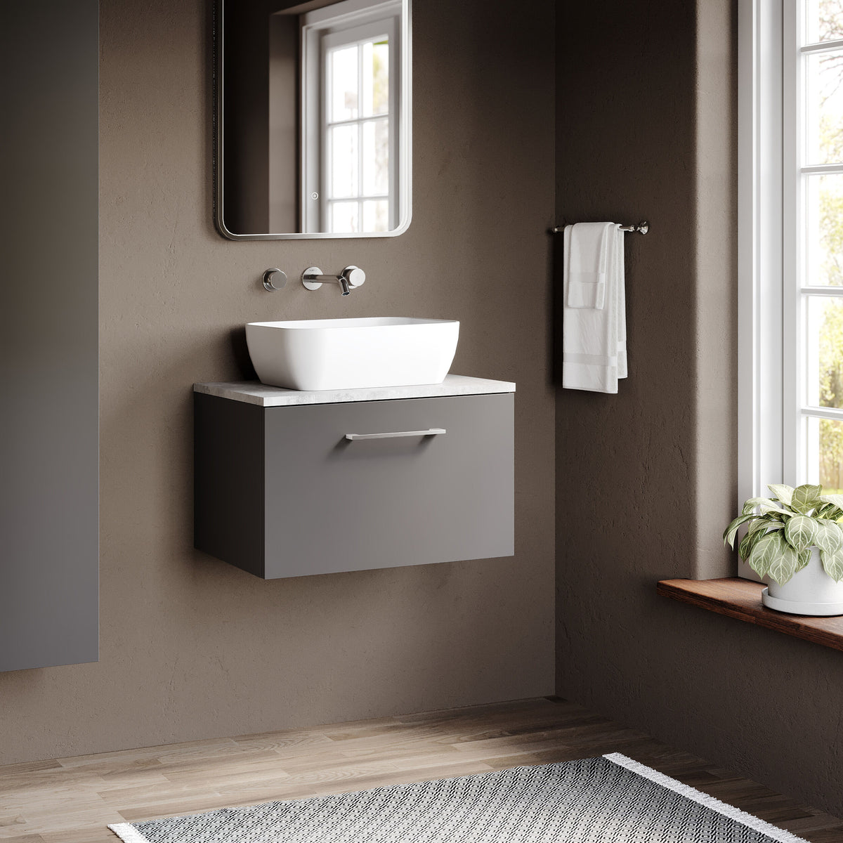 Modern Splash 600mm Satin Grey 1 Drawer Wall Hung Vanity Unit With Bellato Grey Worktop