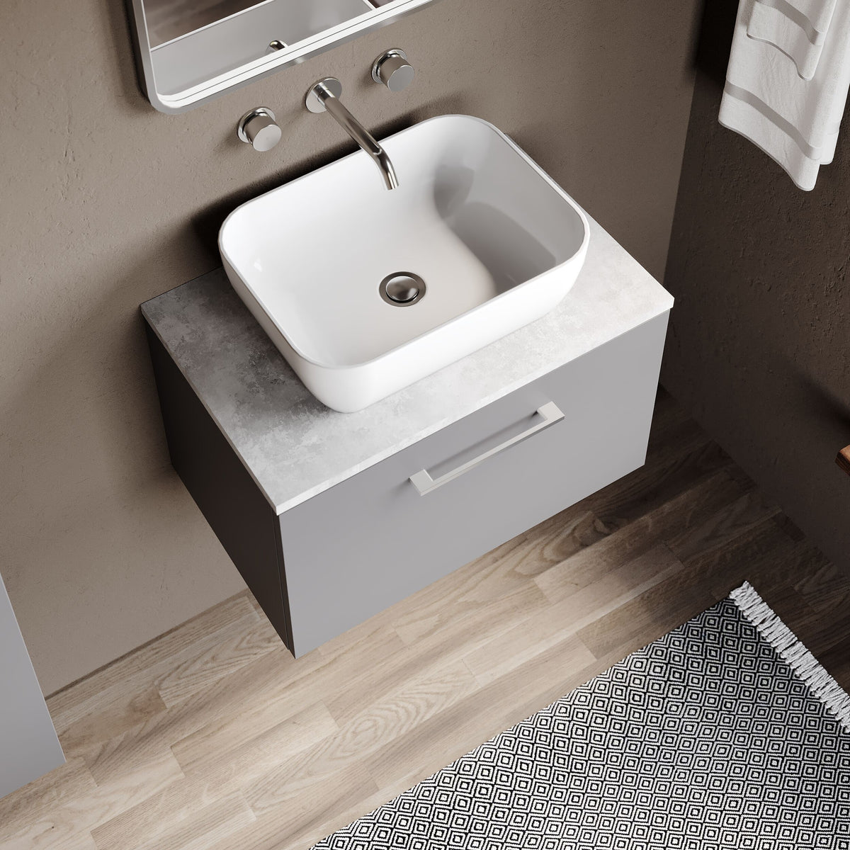 Modern Splash 600mm Satin Grey 1 Drawer Wall Hung Vanity Unit With Bellato Grey Worktop