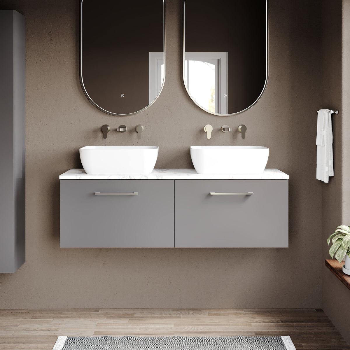 Modern Splash 1200mm Satin Grey 2 Drawer Wall Hung Vanity With Carrara Laminate Worktop