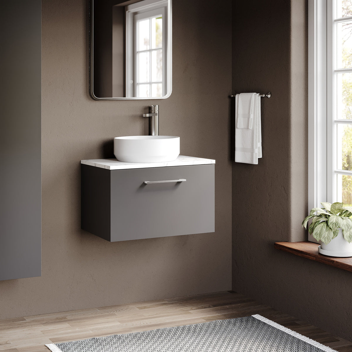 Modern Splash 600mm Satin Grey 1 Drawer Wall Hung Vanity Unit With Carrara Laminate Worktop