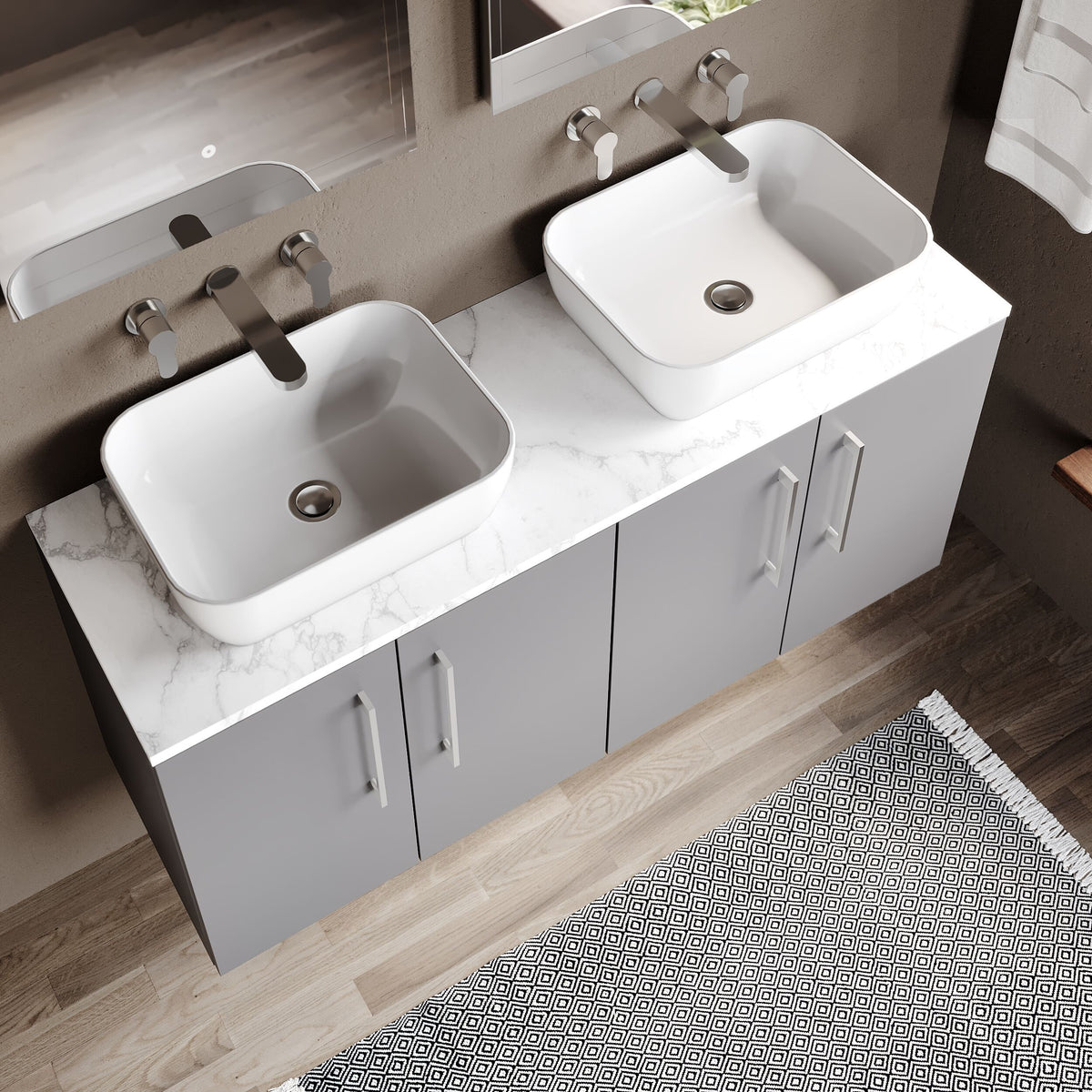 Modern Splash 1200mm Satin Grey 2 Door Wall Hung With Carrara Laminate Worktop Vanity With Carrara Laminate Worktop
