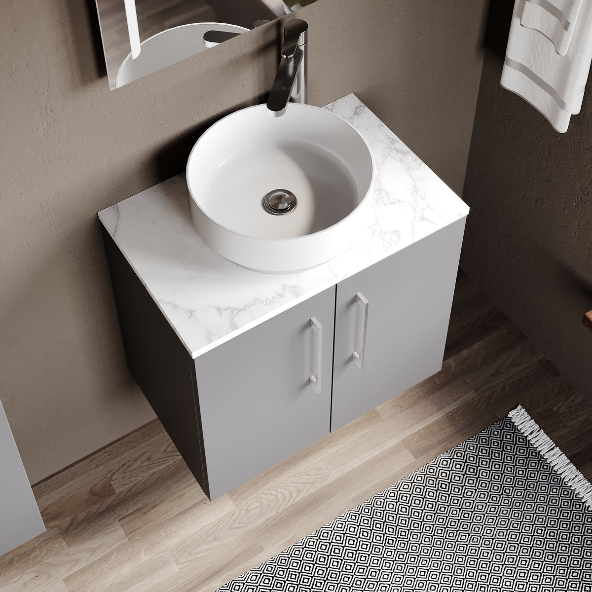 Modern Splash 600mm Satin Grey 2 Door Wall Hung Vanity Unit With Carrara Laminate Worktop