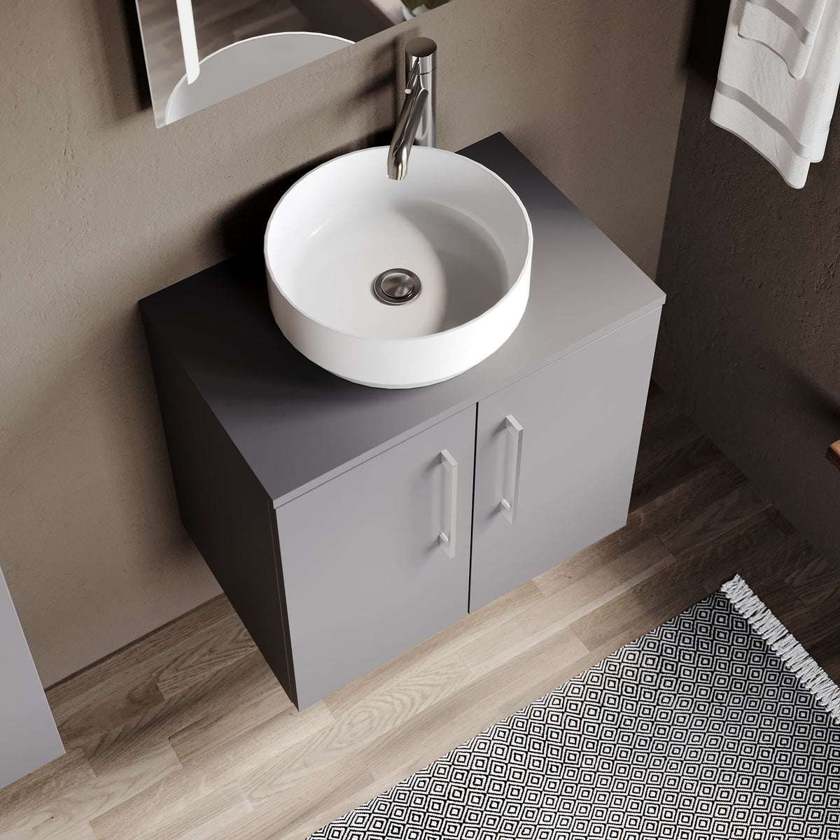 Modern Splash 600mm Satin Grey 2 Door Wall Hung Vanity Unit With Co-ordinating Worktop