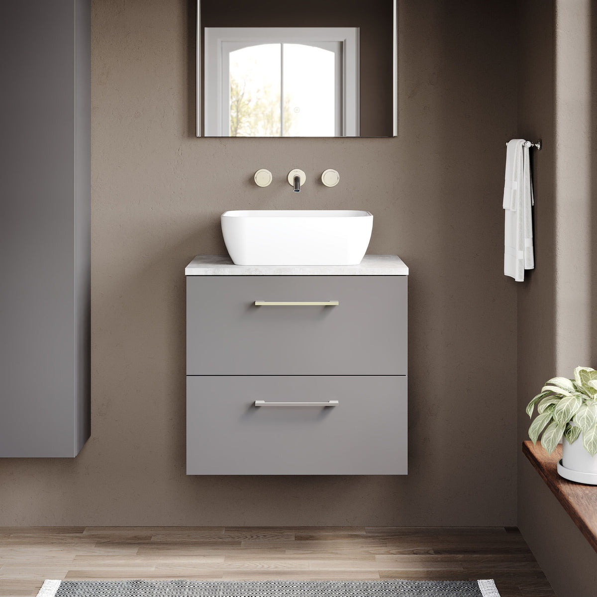 Modern Splash 600mm Satin Grey 2 Drawer Wall Hung Vanity Unit With Bellato Grey Worktop