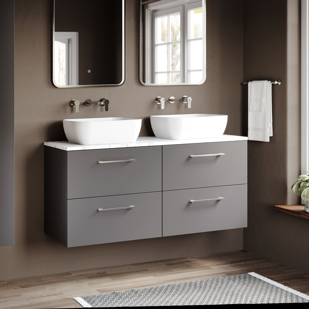 Modern Splash 1200mm Satin Grey 4 Drawer Wall Hung Vanity With Carrara Laminate Worktop
