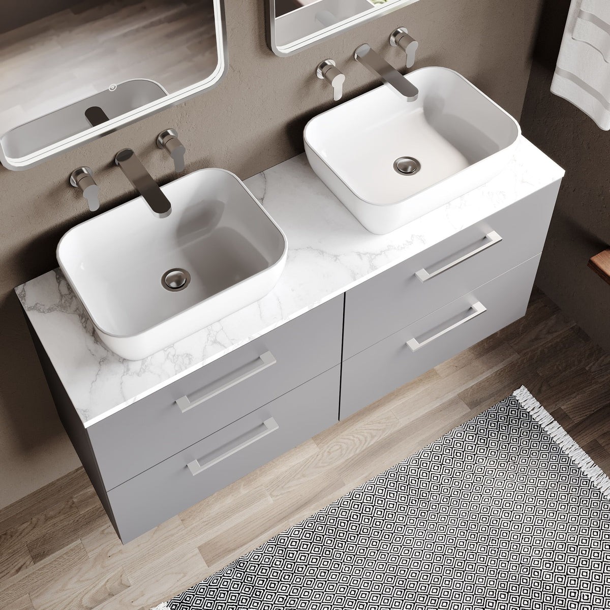Modern Splash 1200mm Satin Grey 4 Drawer Wall Hung Vanity With Carrara Laminate Worktop