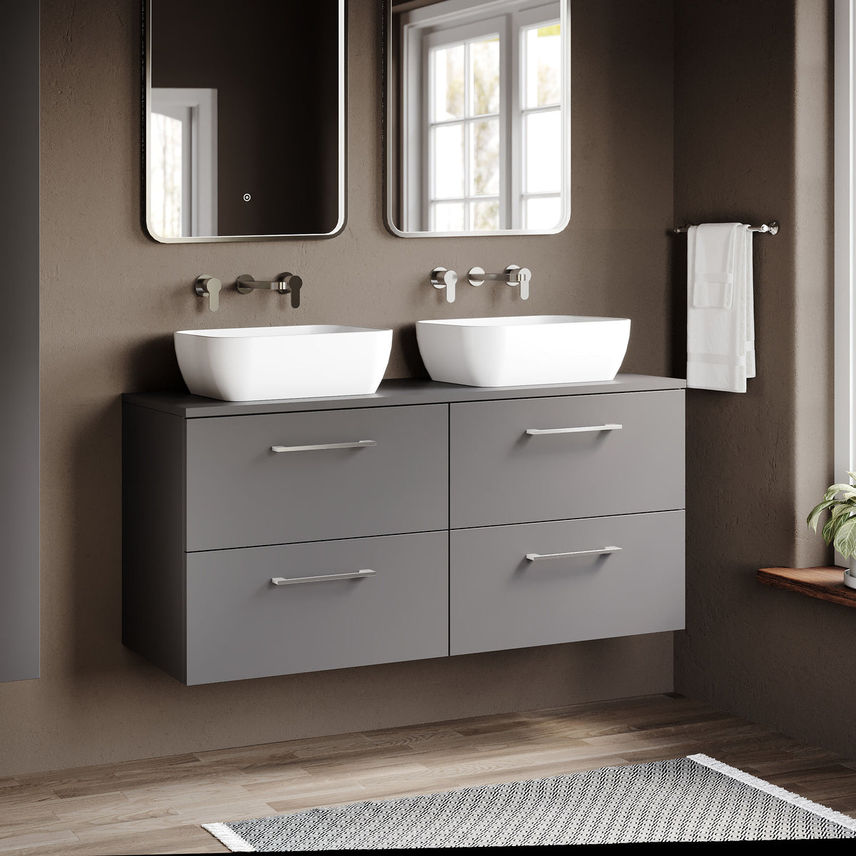 Modern Splash 1200mm Slate Grey 4 Drawer Wall Hung Vanity Unit With Co-ordinating Worktop