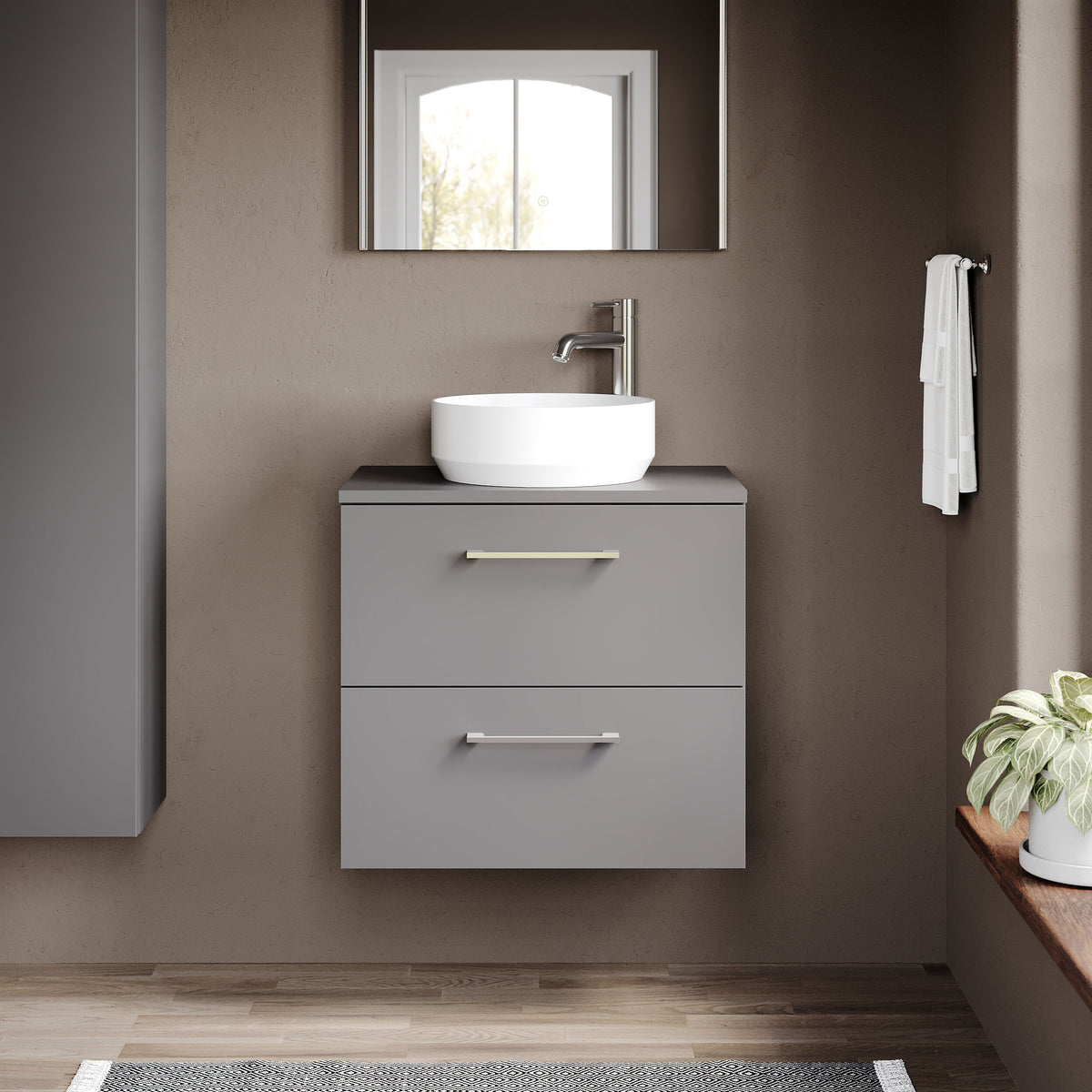 Modern Splash 600mm Satin Grey 2 Drawer Wall Hung Vanity Unit With Co-ordinating Worktop