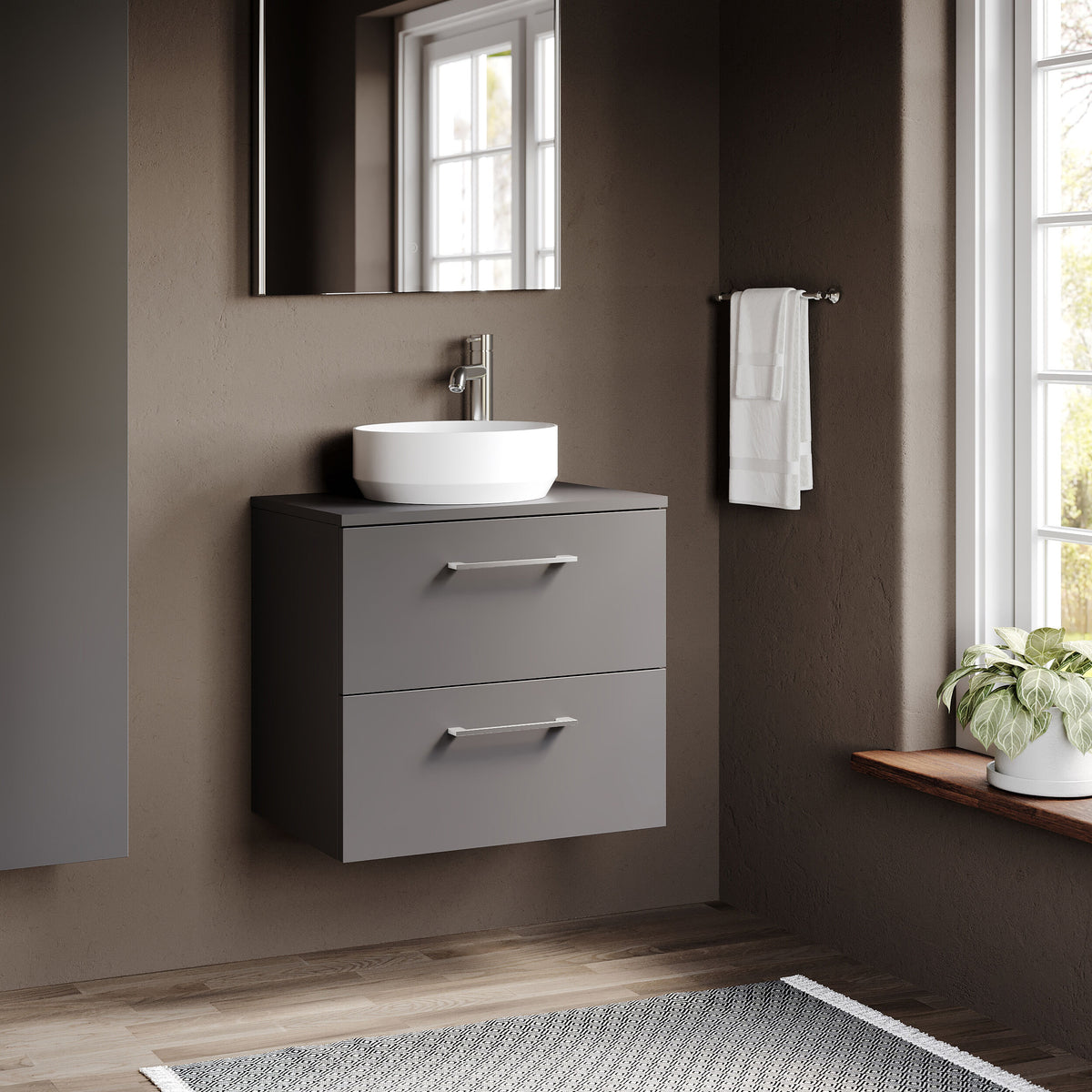 Modern Splash 600mm Satin Grey 2 Drawer Wall Hung Vanity Unit With Co-ordinating Worktop