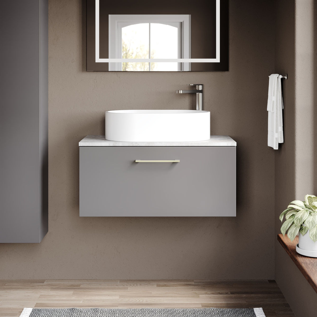 Modern Splash 805mm Satin Grey 1 Drawer Wall Hung Vanity Unit With Bellato Grey Worktop