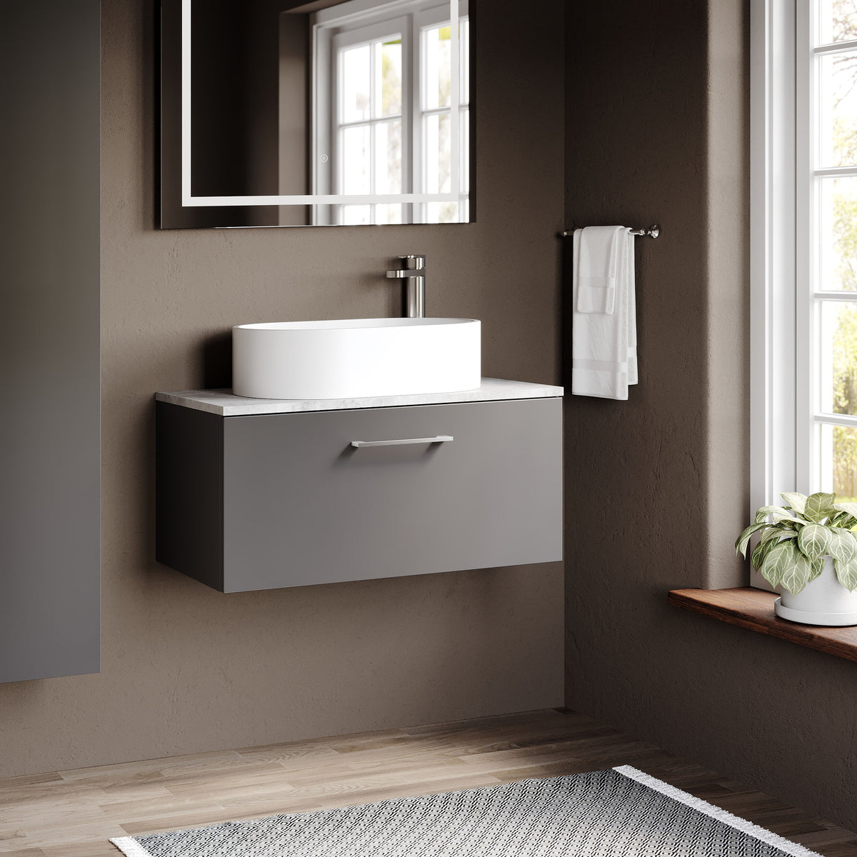 Modern Splash 805mm Satin Grey 1 Drawer Wall Hung Vanity Unit With Bellato Grey Worktop