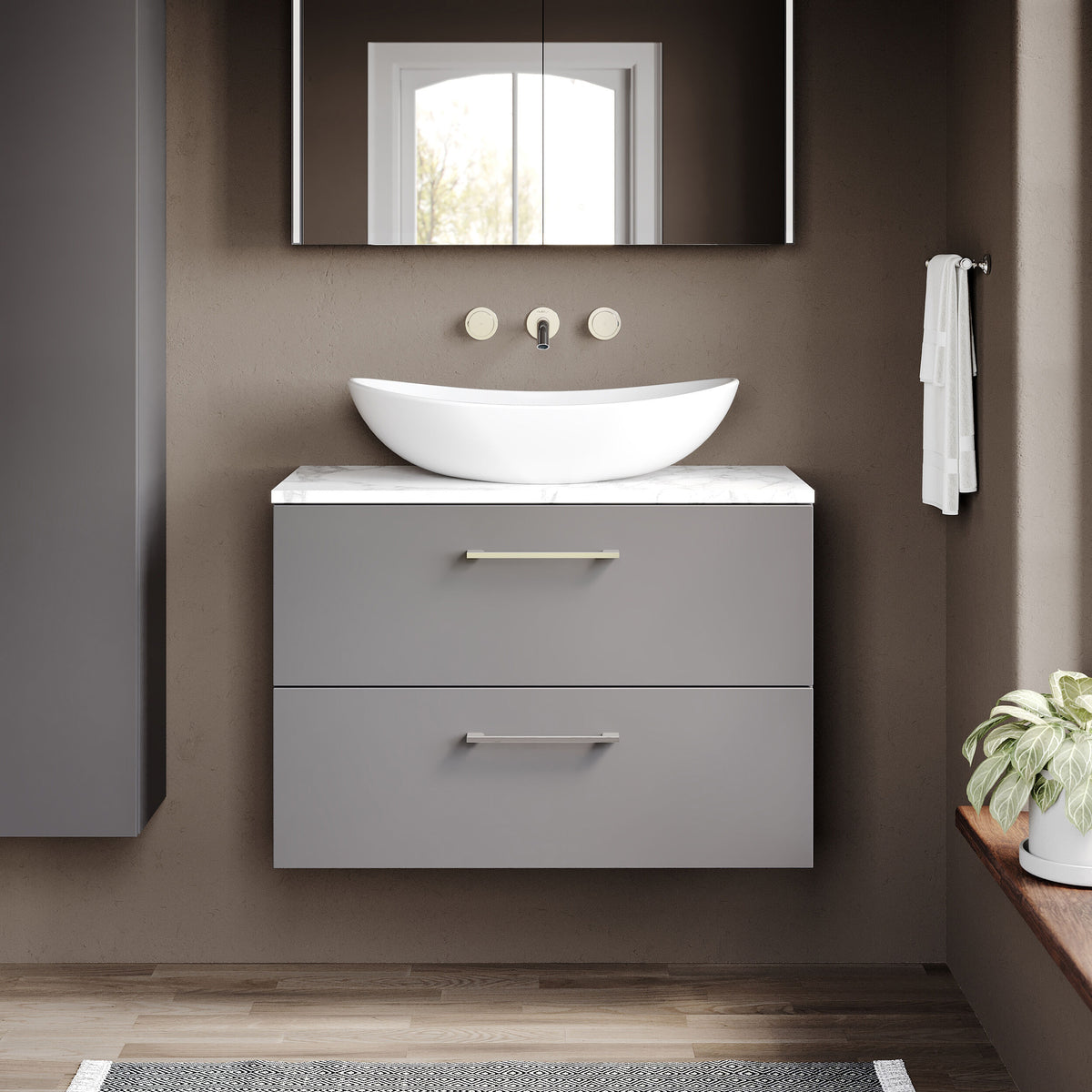 Modern Splash 800mm Satin Grey 2 Drawer Wall Hung Vanity Unit With Carrara Laminate Worktop