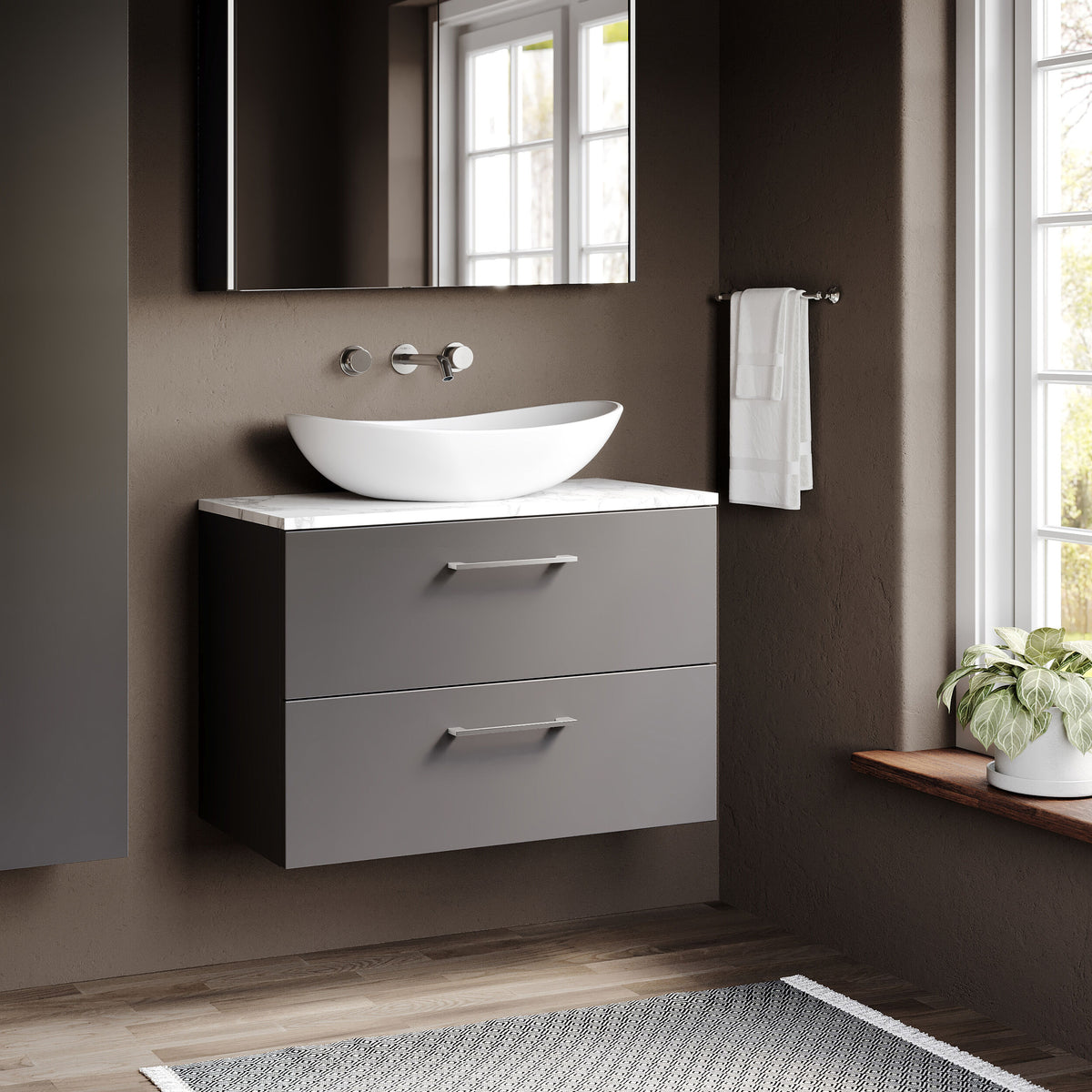 Modern Splash 800mm Satin Grey 2 Drawer Wall Hung Vanity Unit With Carrara Laminate Worktop