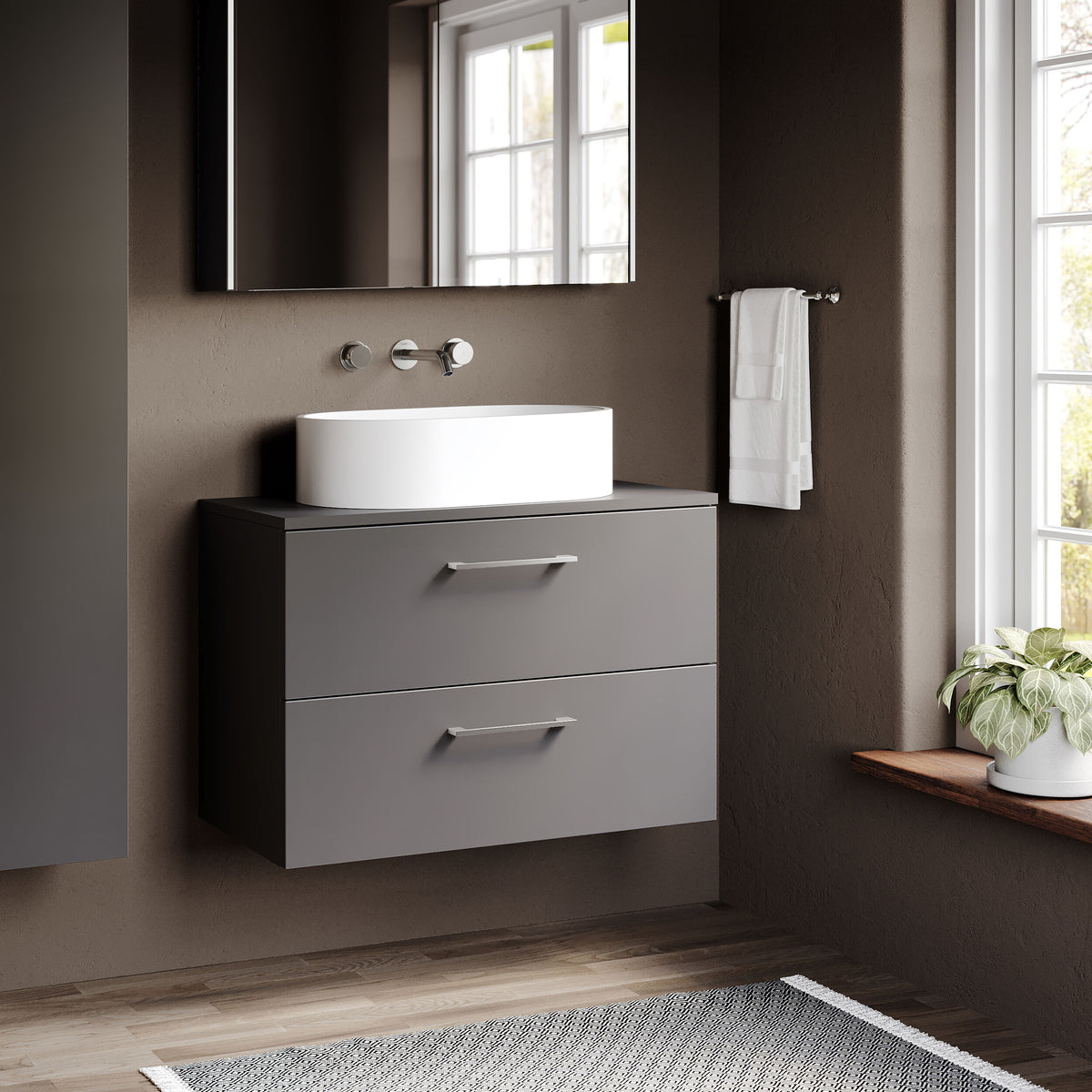 Modern Splash 805mm Satin Grey 2 Drawer Wall Hung Vanity Unit With Co-ordinating Worktop