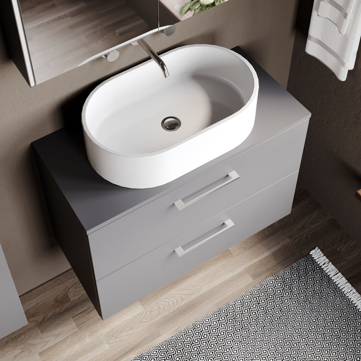 Modern Splash 805mm Satin Grey 2 Drawer Wall Hung Vanity Unit With Co-ordinating Worktop