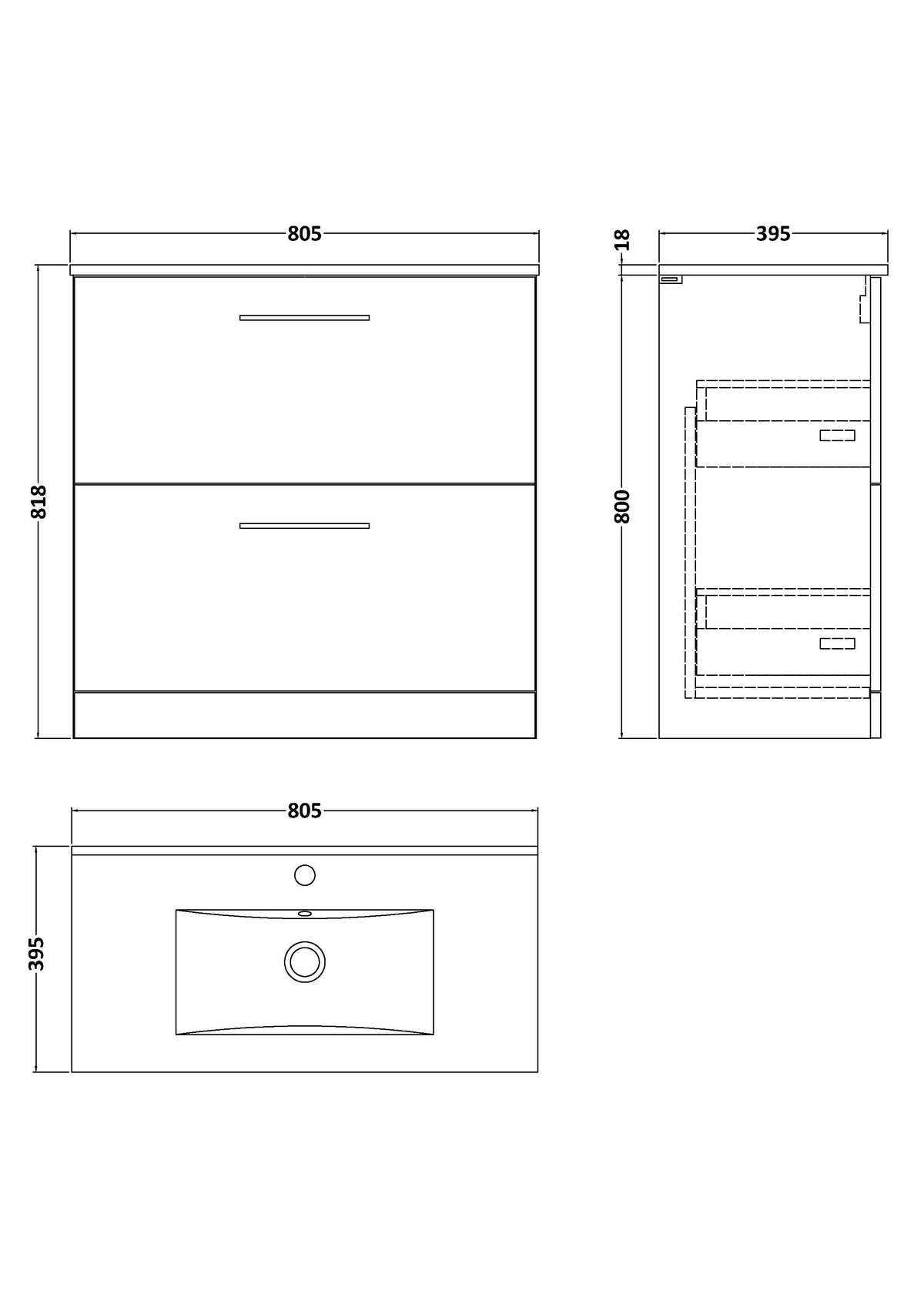 Modern Splash 800mm Satin Grey 2 Drawer Floor Standing Vanity Unit With Minimalist Basin