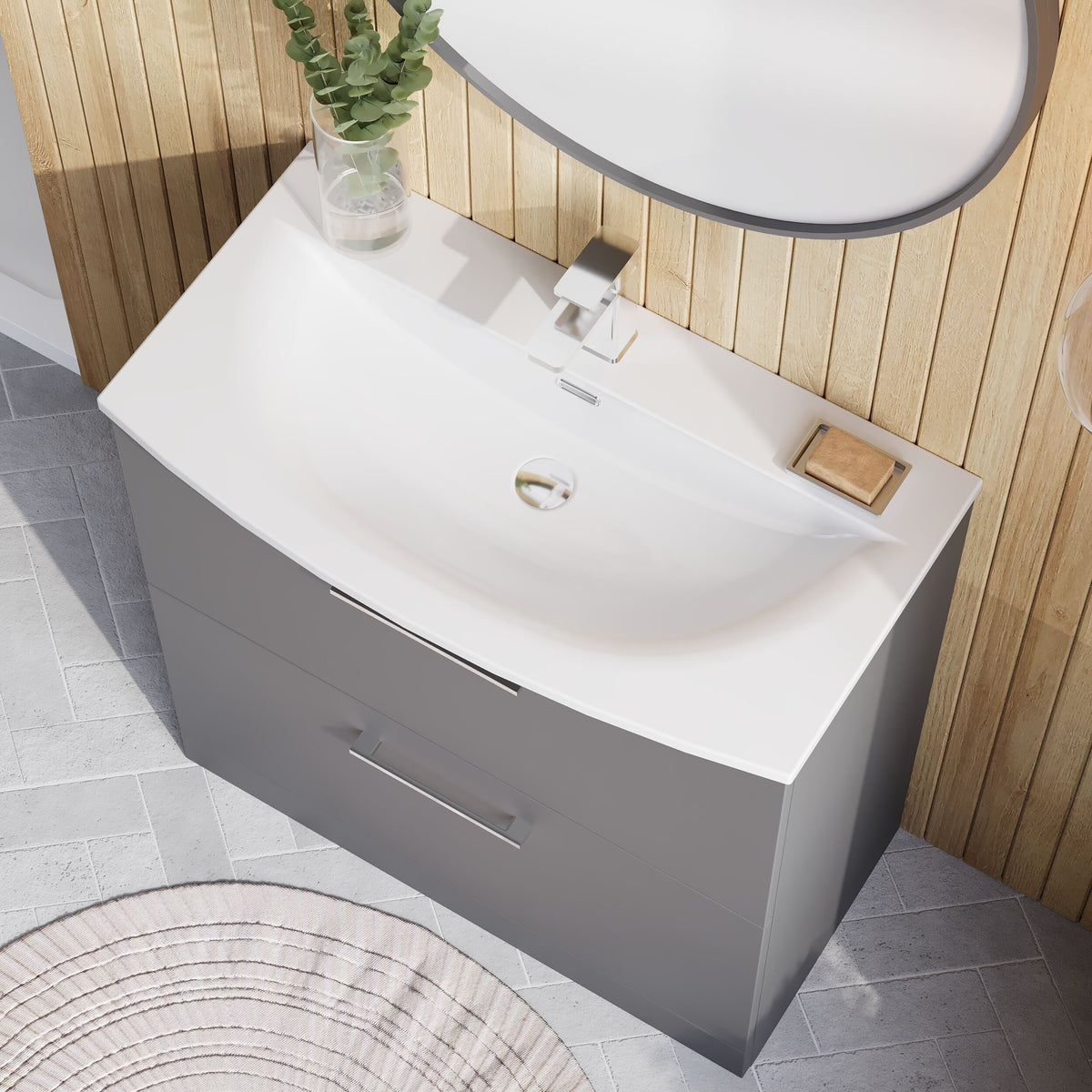 Modern Splash 800mm Satin Grey 2 Drawer Floor Standing Vanity Unit With Curved Basin