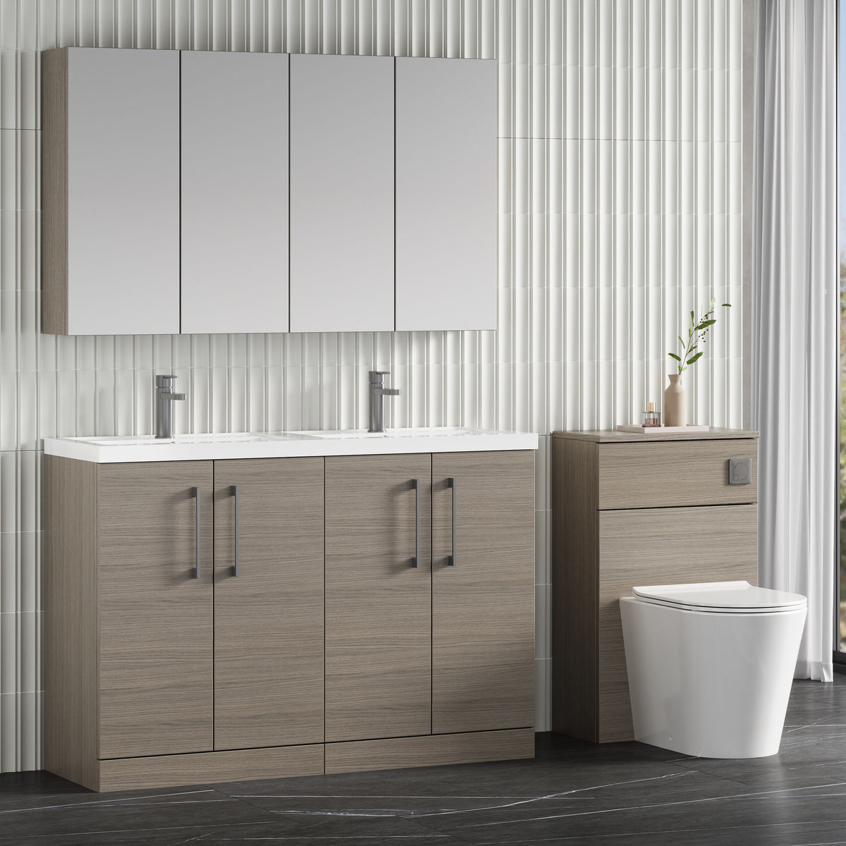 Modern Splash 1200mm Solace Oak 4 Door Floor Standing Vanity Unit With 2 Tap Hole Polymarble basin