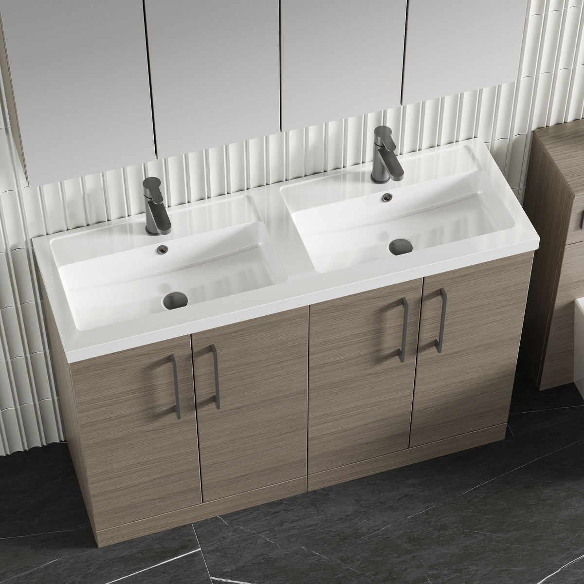 Modern Splash 1200mm Solace Oak 4 Door Floor Standing Vanity Unit With 2 Tap Hole Polymarble basin