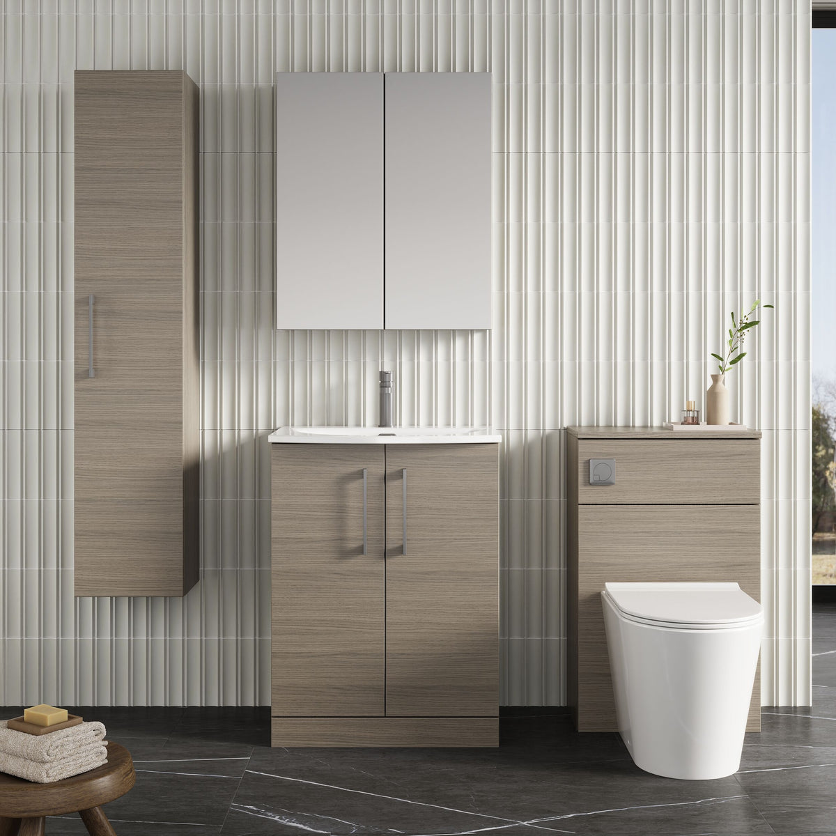 Modern Splash 600mm Solace Oak 2 Door Floor Standing Vanity Unit With Curved Basin