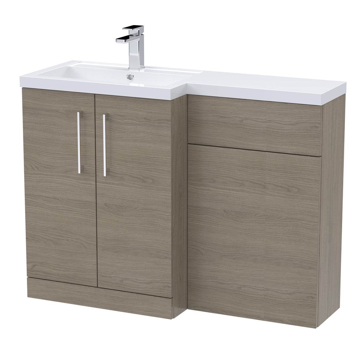 Modern Splash 1100mm Solace Oak 2 Door Floor Standing Left-Hand Combination Unit With Polymarble Basin