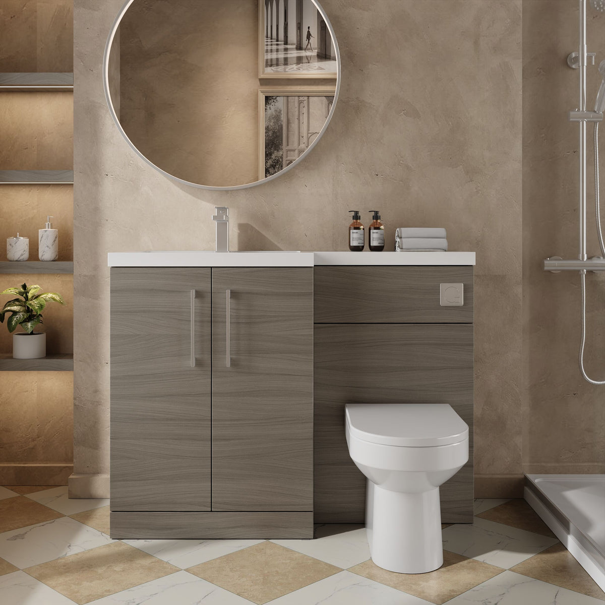 Modern Splash 1100mm Solace Oak 2 Door Floor Standing Left-Hand Combination Unit With Polymarble Basin