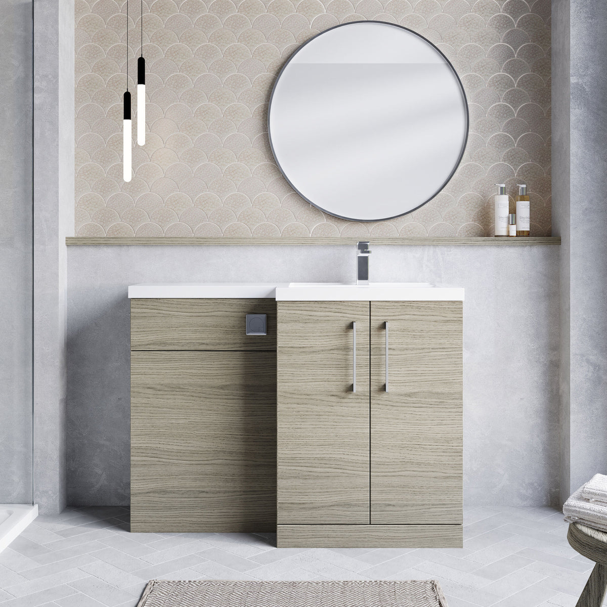 Modern Splash 1100mm Solace Oak 2 Door Floor Standing Right-Hand Combination Unit With Polymarble Basin