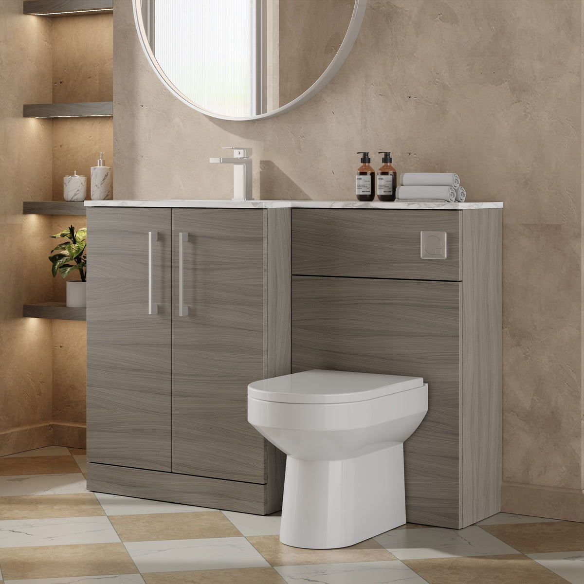 Modern Splash 1100mm Solace Oak 2 Door Floor Standing Left-Hand Combination Unit With Stone Basin
