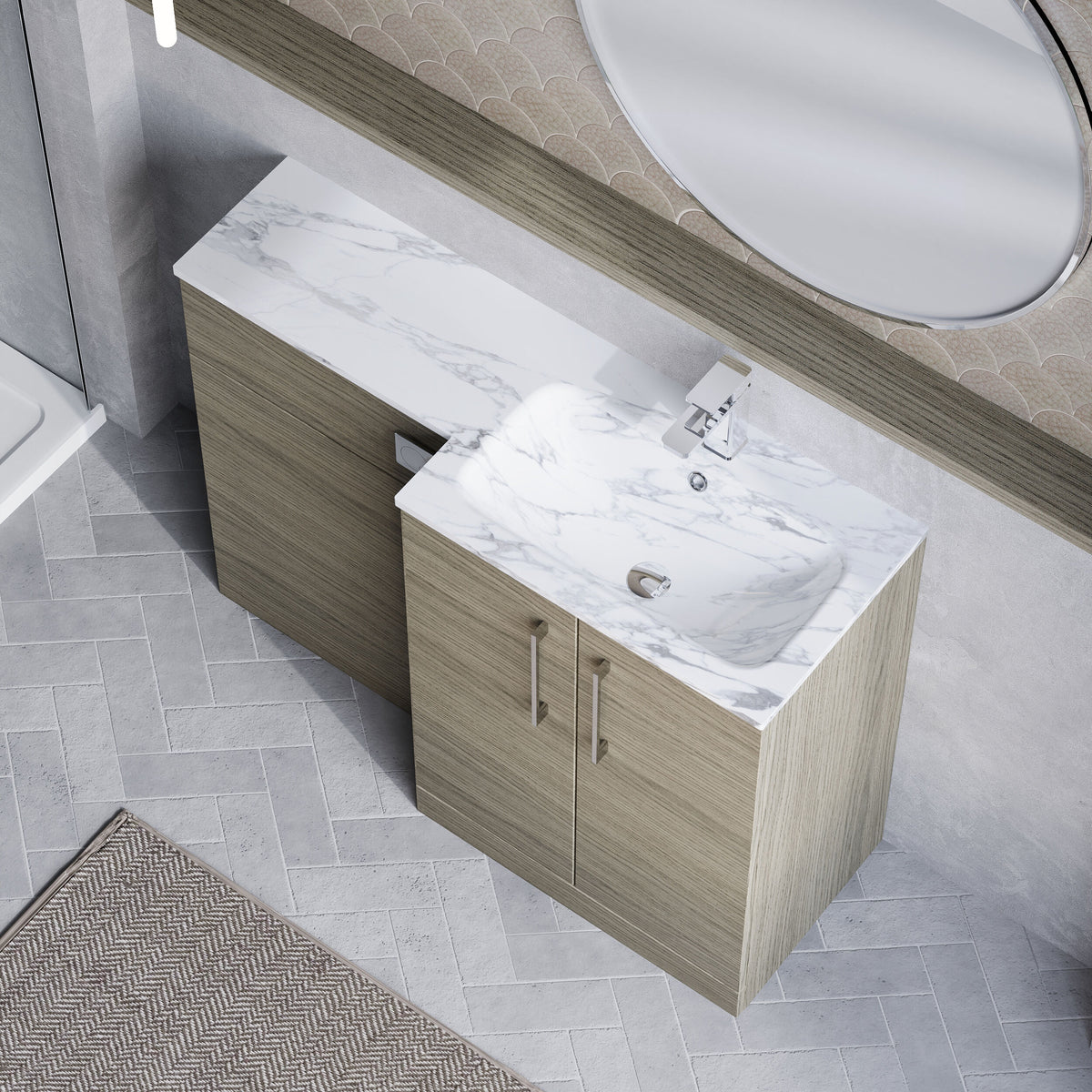 Modern Splash 1100mm Solace Oak 2 Door Floor Standing Right-Hand Combination Unit With Stone Basin