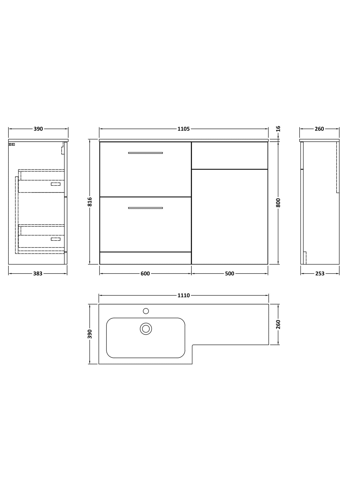 Modern Splash 1100mm Solace Oak 2 Drawer Floor Standing Left-Hand Combination Unit With Stone Basin