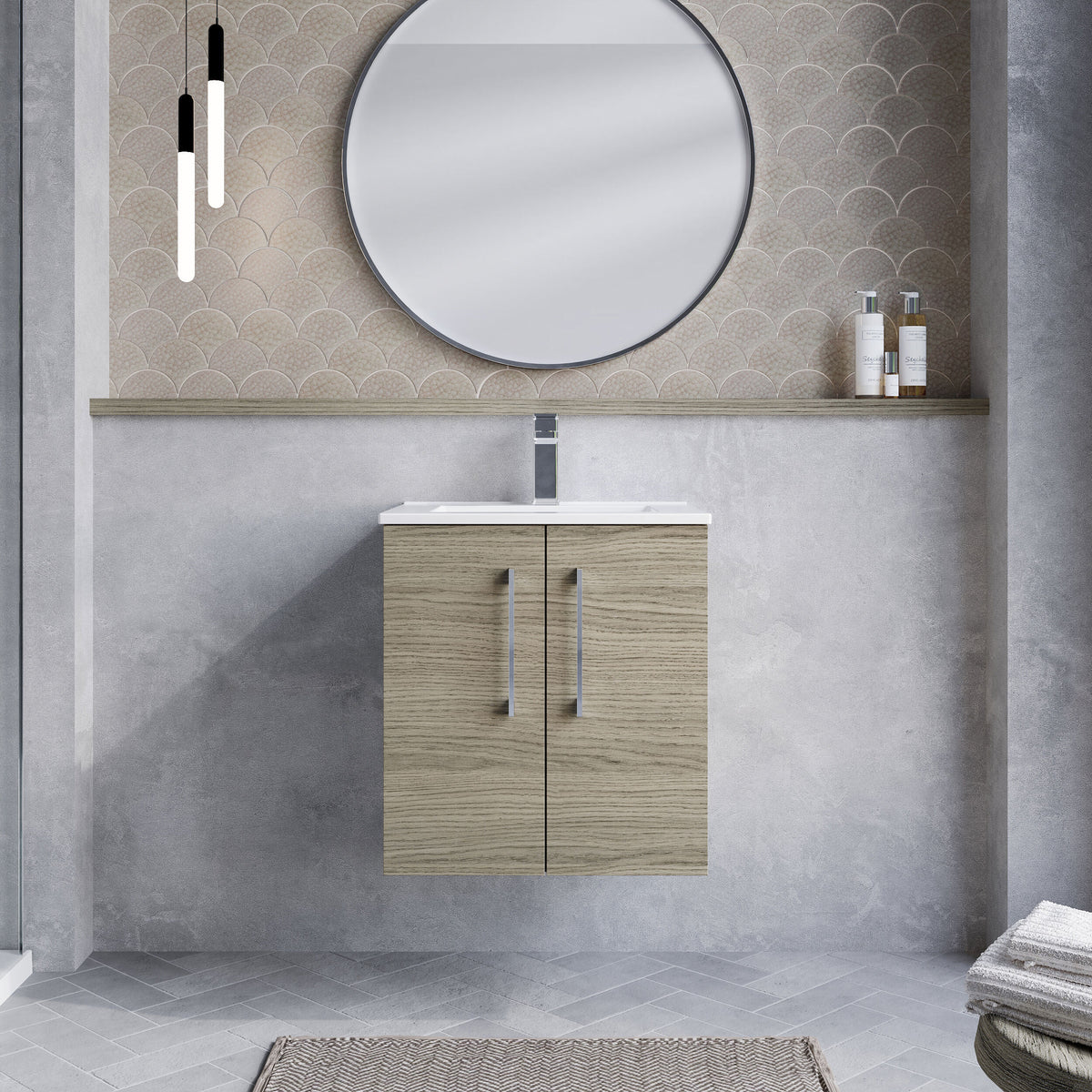 Modern Splash 500mm Solace Oak 2 Door Wall Hung Vanity Unit With Minimalist Basin
