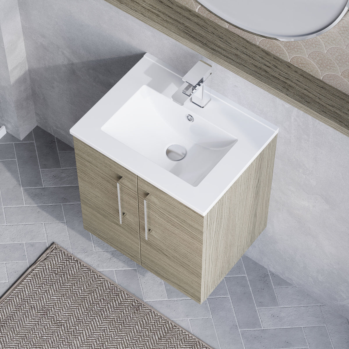 Modern Splash 500mm Solace Oak 2 Door Wall Hung Vanity Unit With Minimalist Basin
