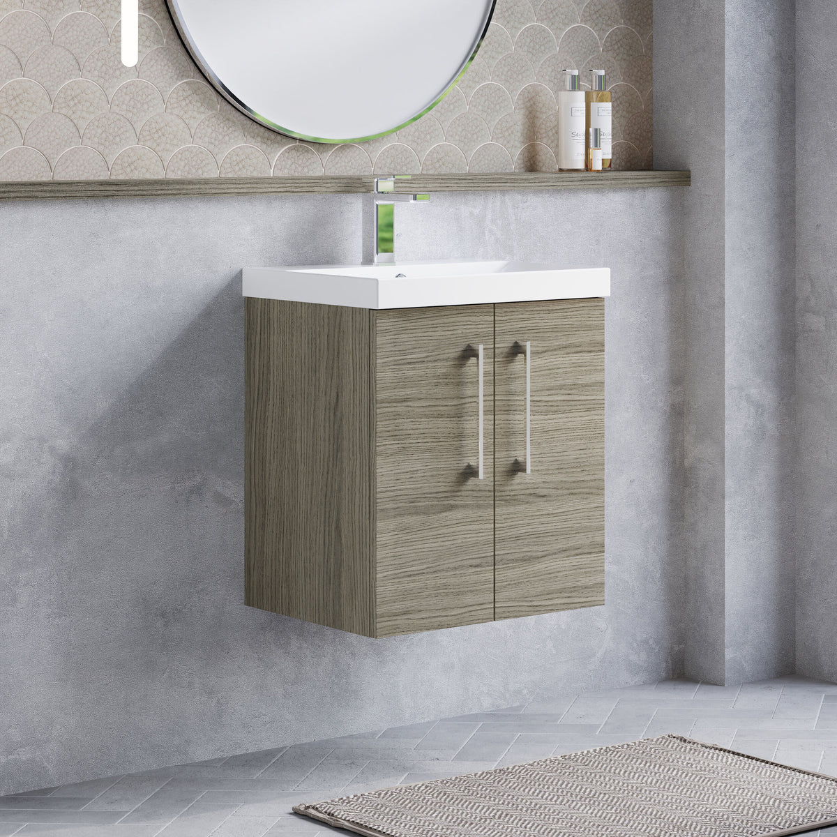 Modern Splash 500mm Solace Oak 2 Door Wall Hung Vanity Unit With Thin Edge Basin