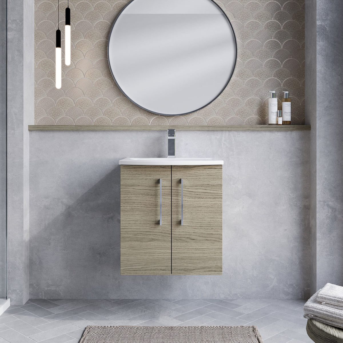 Modern Splash 500mm Solace Oak 2 Door Wall Hung Vanity Unit With Curved Basin