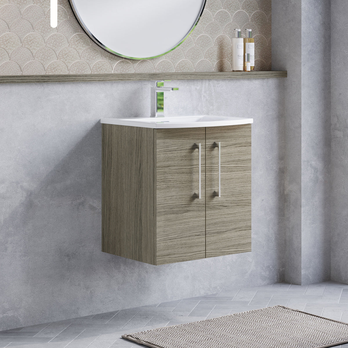 Modern Splash 500mm Solace Oak 2 Door Wall Hung Vanity Unit With Curved Basin