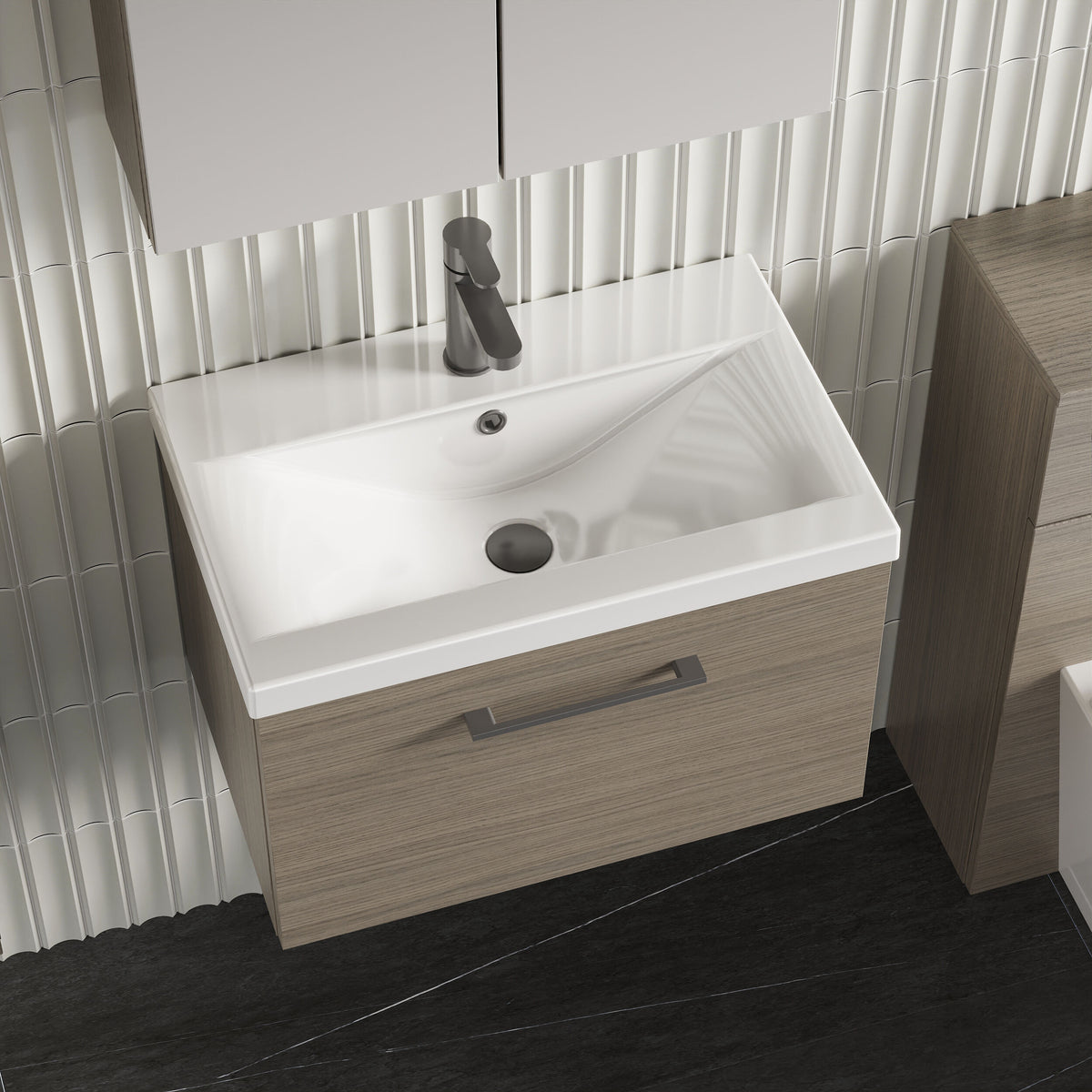 Modern Splash 600mm Solace Oak 1 Drawer Wall Hung Vanity Unit With Mid-Edge Basin