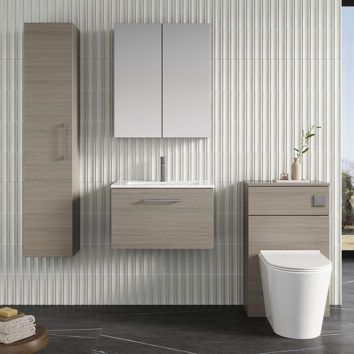 Modern Splash 600mm Solace Oak 1 Drawer Wall Hung Vanity Unit With Minimalist Basin
