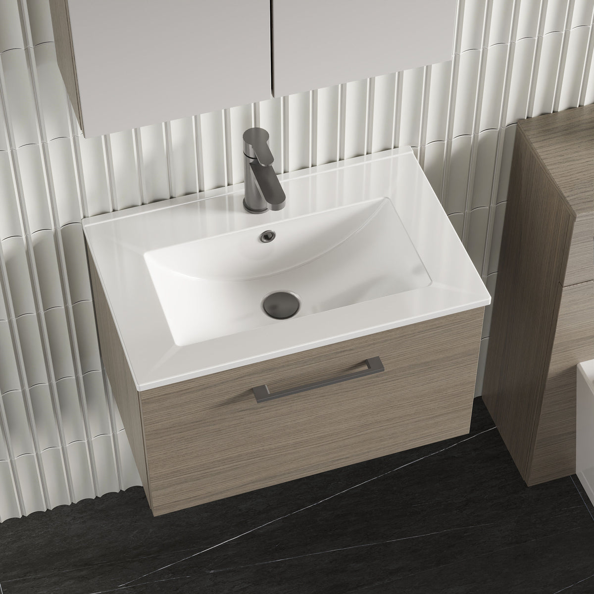 Modern Splash 600mm Solace Oak 1 Drawer Wall Hung Vanity Unit With Minimalist Basin