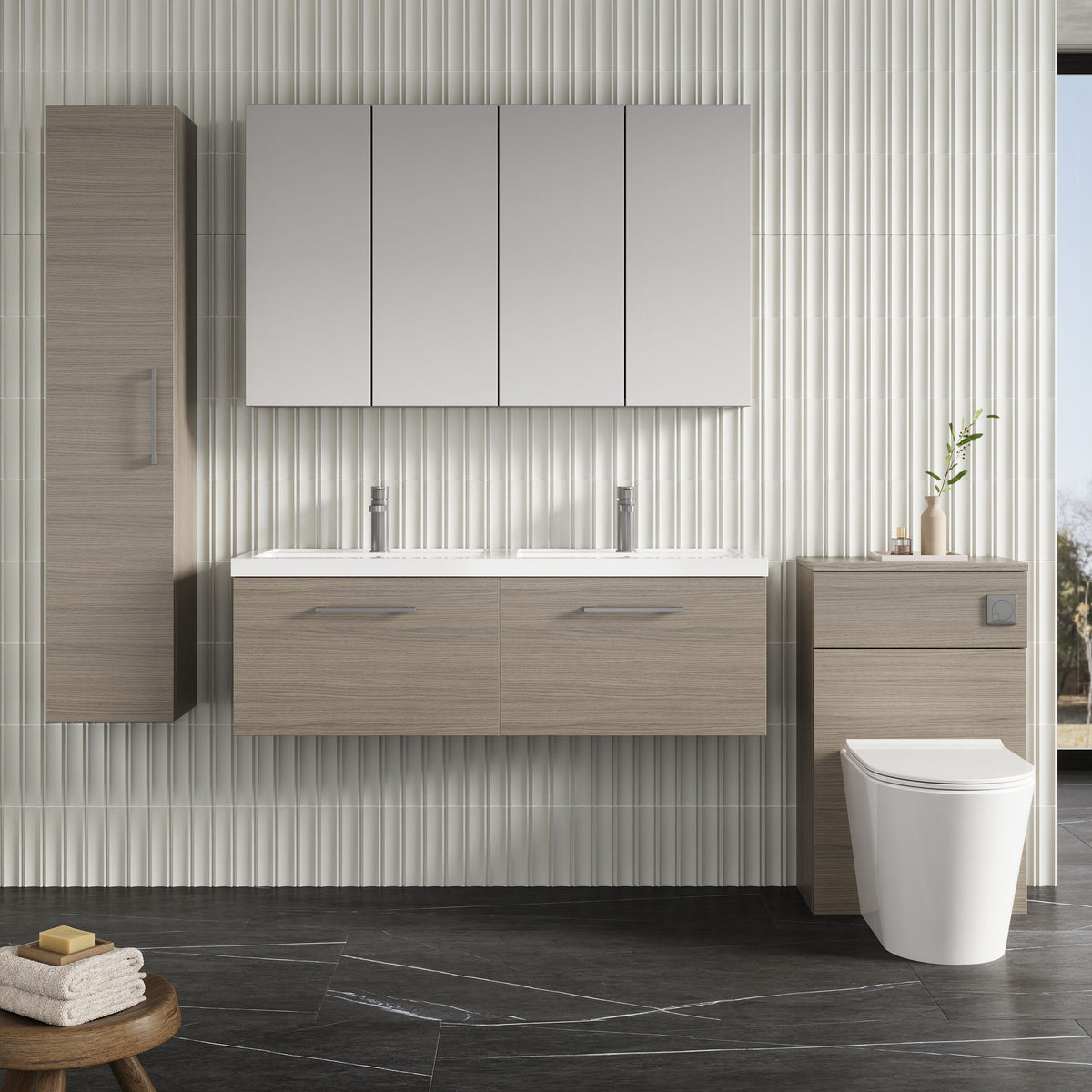 Modern Splash 1200mm Solace Oak 2 Drawer Wall Hung Vanity Unit With 2 Tap Hole Polymarble basin