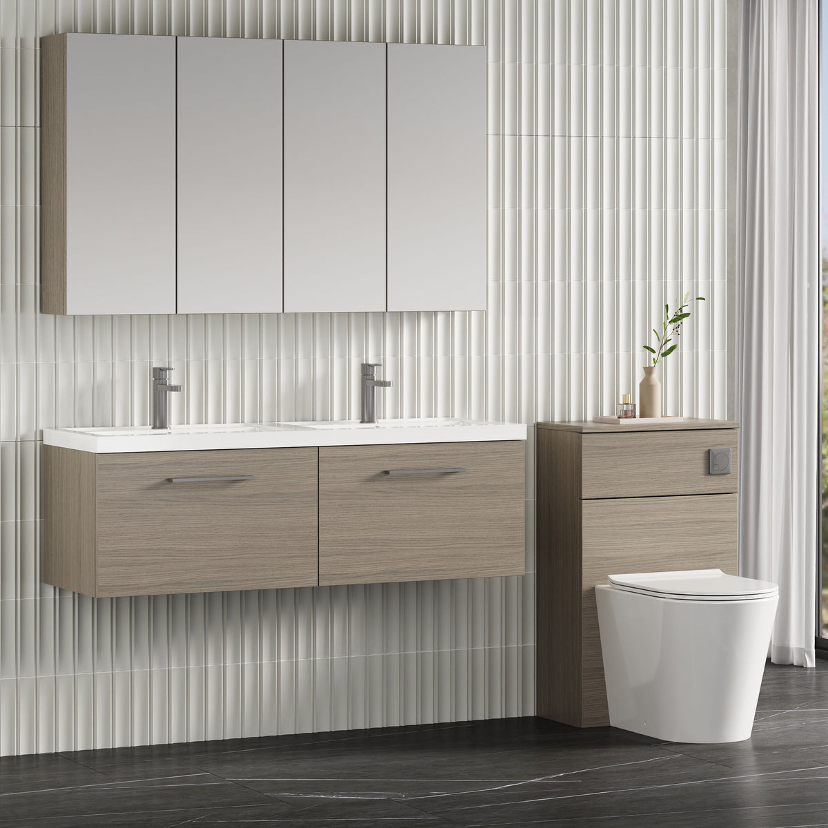 Modern Splash 1200mm Solace Oak 2 Drawer Wall Hung Vanity Unit With 2 Tap Hole Polymarble basin