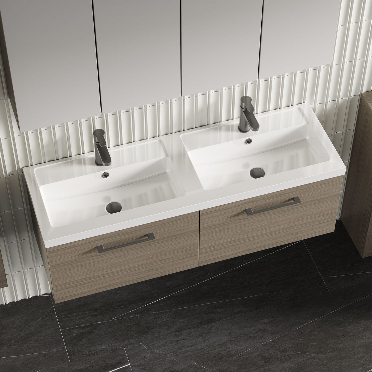 Modern Splash 1200mm Solace Oak 2 Drawer Wall Hung Vanity Unit With 2 Tap Hole Polymarble basin