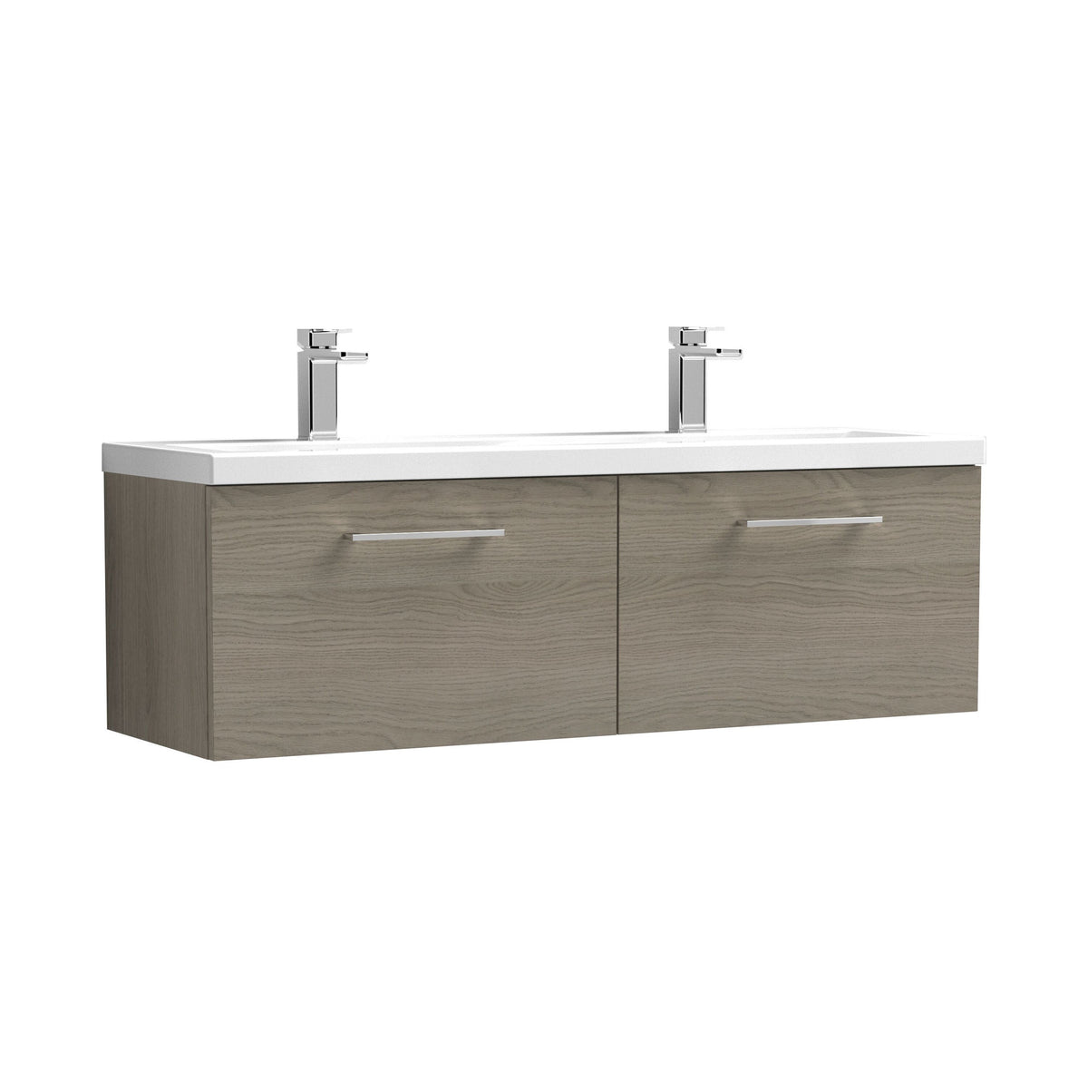 Modern Splash 1200mm Solace Oak 2 Drawer Wall Hung Vanity Unit With 2 Tap Hole Ceramic Basin